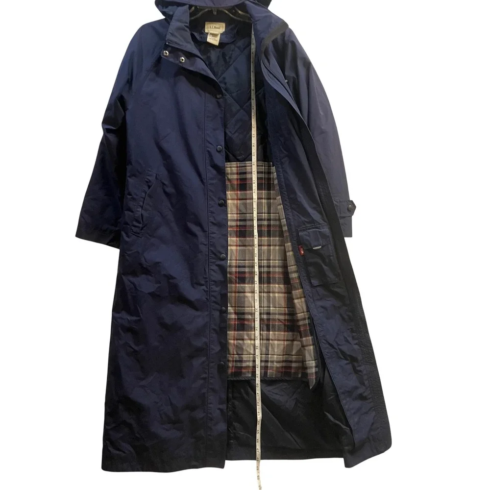LL Bean Womens Small Regular Navy Blue Long Hooded Rain Coat Plaid Flannel Lined - Picture 13 of 14